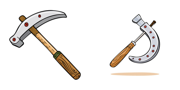 Set of traditional farrier tools horseshoe hammer and hoof rasp for horse care