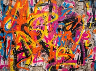 Fototapeta premium Vibrant Graffiti Wall Texture Background With Orange Yellow Pink Spray Paint