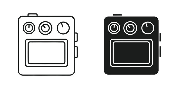 Guitar effects pedal set with three control knobs and footswitch in linear and solid black styles stompbox