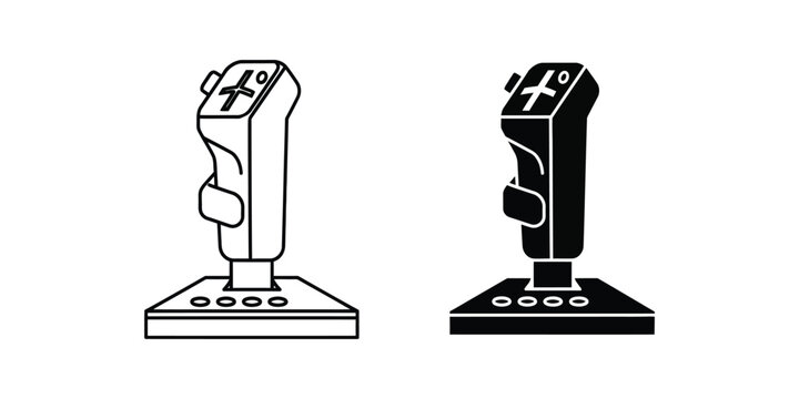 Modern flight simulator joystick controller set in outline and solid black style for gaming interface