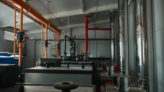 Modern gas boiler room with compact heating units, organized pipe network, pressure gauges, control panels, metal ducting, and bright inspection lighting in clean industrial interior