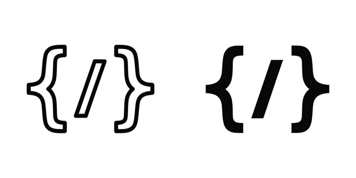 Programming code bracket set featuring outline and solid black symbols for software development tasks