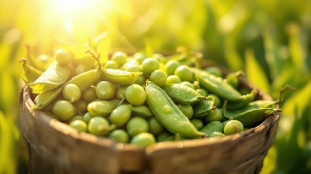 Fresh green peas in basket on sunny farm field