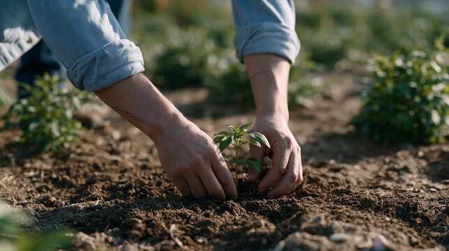 A transplant recipient planting a small seedling in a community garden, surgical scar faintly visible on the forearm, soft summer morning light, symbolic and hopeful mood, perfect