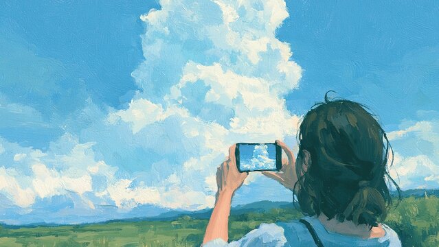 夏空に広がる入道雲をスマートフォンで撮影する人物 イラスト
