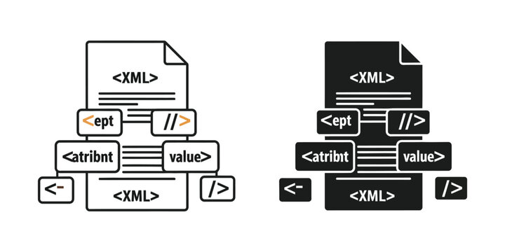 Xml document file set with coding syntax tags and attributes in outline and solid black style code
