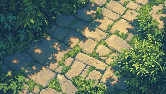 草が生える石畳の小道 テクスチャ 背景素材 イラスト
