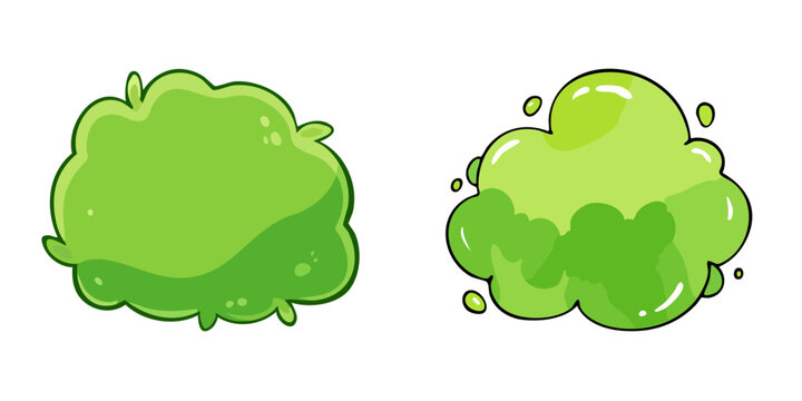 Set of cartoon green slime blobs and clouds