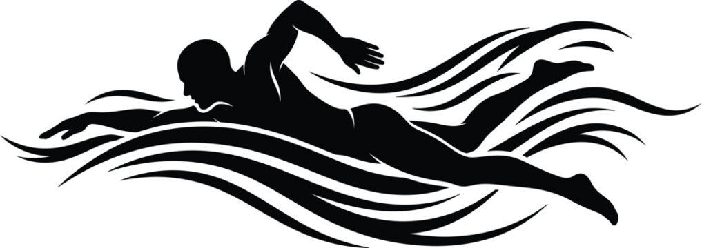 Black silhouette of a male swimmer swimming in abstract waves vector illustration.