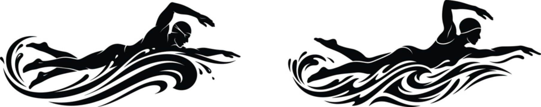 Two professional swimmers silhouettes showing different freestyle strokes with artistic water flow and wave patterns.