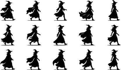 Flying witch silhouette set, Halloween spooky woman riding broomstick, magic sorceress character, dark fantasy illustration isolated black vector collection on transparent background © Nazma