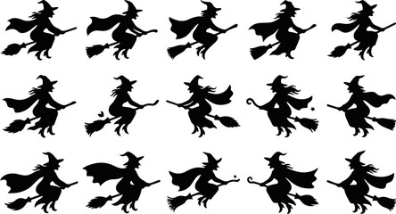 Flying witch silhouette set, Halloween spooky woman riding broomstick, magic sorceress character, dark fantasy illustration isolated black vector collection on transparent background © Nazma