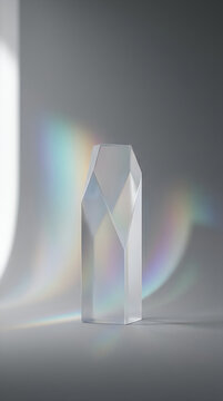 Abstract crystal prism sculpture with light refraction and rainbow spectrum dispersion on a neutral grey background uiux background