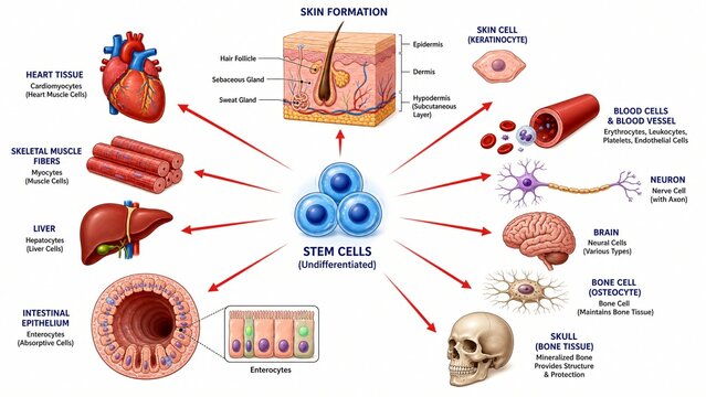 Stem Cells Differentiating into Various Specialized Human Tissues and Organs Medical Illustration