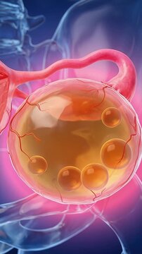 3D medical animation of ovarian cyst on female reproductive system with uterus and fallopian tubes inside transparent human body