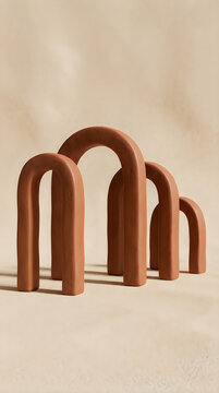 Abstract terracotta arch sculptures arranged in a row, minimalist modern home decor, earthy clay textured decorative objects on a neutral beige background uiux background