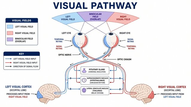 Visual Pathway Anatomy Diagram Illustrating Signal Flow from Retina to Cerebral Cortex