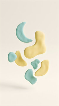 Abstract 3d composition with floating organic shapes in pastel blue and yellow colors, minimalist modern design, soft lighting, smooth matte texture, creative background uiux background