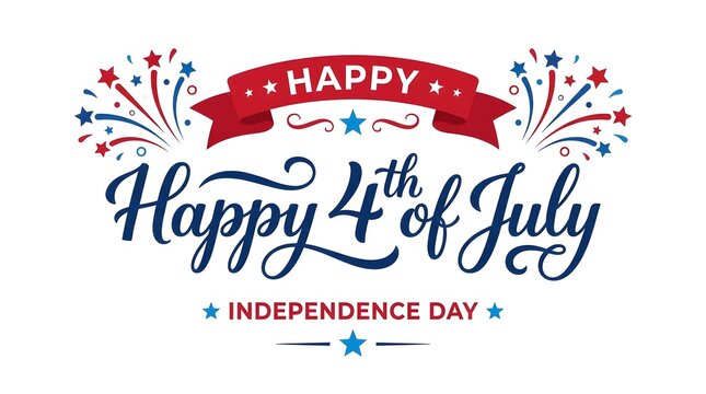 Festive 4th of july typography design with fireworks and ribbon banner