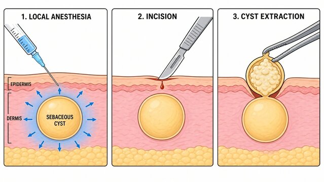 Sebaceous Cyst Extraction Medical Procedure Steps Showing Local Anesthesia and Incision