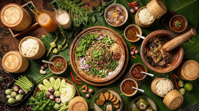 Authentic laotian cuisine colorful array of food items, including bowls of various dishes and fresh ingredients like fruits, vegetables, and herbs, set on a banana leaf on a dining table