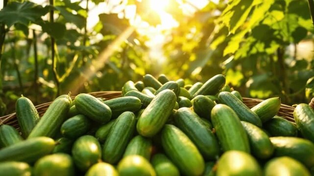 Abundant harvest of fresh cucumbers in sunlit garden