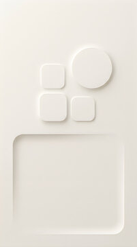 Minimalist 3d render of abstract geometric shapes including a large circle and three rounded squares arranged above a recessed rectangular frame on a clean white surface uiux background