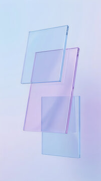 Abstract composition of floating glass plates in pastel colors 3d render of transparent rectangular panels with soft light reflections on a gradient background uiux background