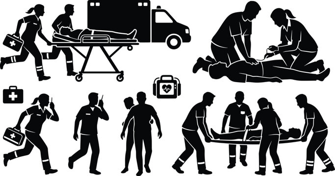 Paramedic and Emergency Medical Services Silhouette Icon Set Featuring Vector Illustration of Ambulance Patient Stretcher CPR Resuscitation and First Responders