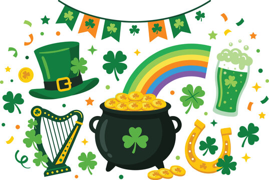 St Patricks Day Holiday Vector Illustration Element Set Featuring Irish Leprechaun Green Hat Celtic Harp Pot of Gold Coins Rainbow Horseshoe and Green Beer