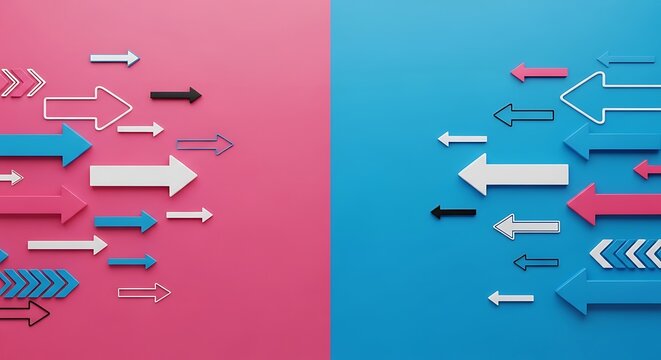 Vibrant pink and blue arrows moving in opposing directions across a divided plane