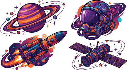 Outer Space Exploration Vector Sticker Set with Astronaut Helmet Rocket Ship Satellite and Saturn Planet for Sci-Fi Cosmic Graphic Media Designs © Galib