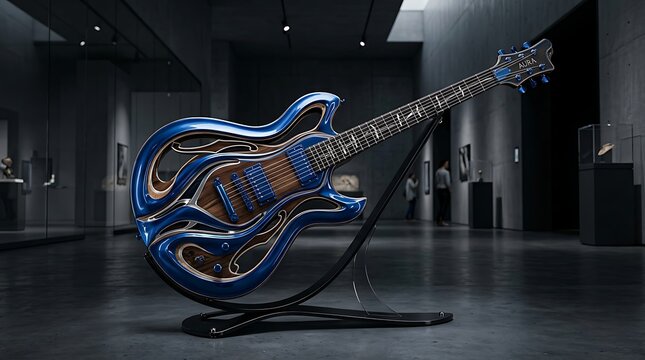 A blue and gold electric guitar on display in a modern art gallery