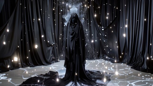 Mysterious Woman Wearing Black Cloak Standing on Glowing Floor in Dark Room with Stars