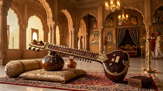 Traditional indian sitar instrument on ornate rug in palace room