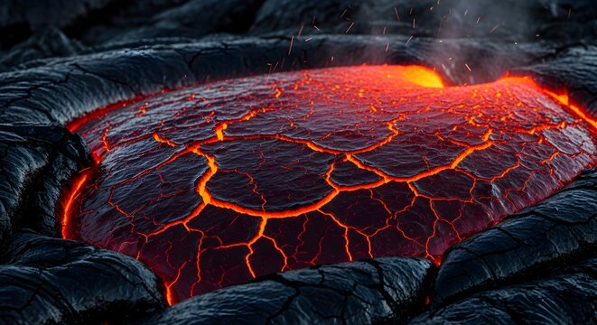 Mesmerizing Molten Lava Flow with Cooling Black Crust and Fiery Cracks, Emitting Sparks
