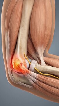 3D Medical Animation of Human Elbow Joint Anatomy with Muscles, Tendons, Nerves and Inflammation Pain Highlight on Gray Background
