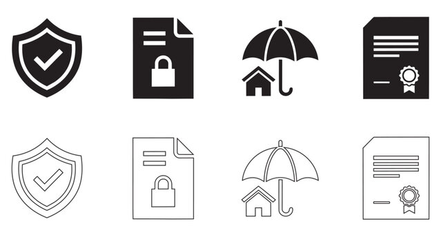 Insurance business icon set featuring shield document lock and house under umbrella art.