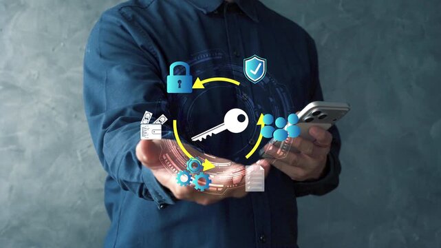 Businessman uses smartphone with virtual key, lock and shield icons, illustrating secure login, data privacy, identity protection and digital access.