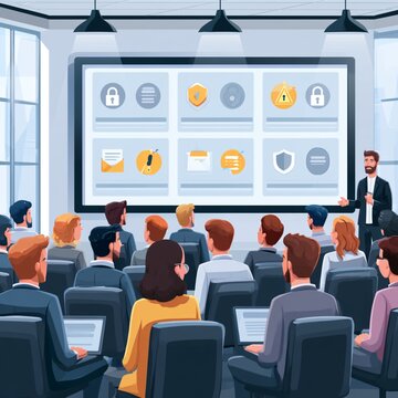 A presenter stands before a large screen displaying security icons to an audience of seated attendees, who are looking towards the screen.