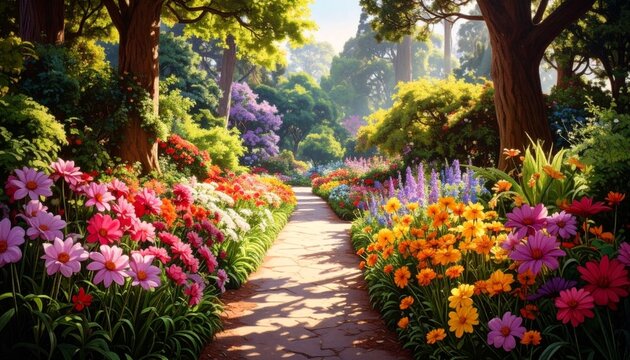 色とりどりの花が咲き乱れる植物園の小径と木漏れ日の風景イラスト