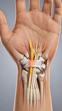 3D Medical Animation of Human Wrist and Carpal Tunnel Anatomy with Median Nerve Compression, Flexor Tendons and Hand Bones on Gray Background