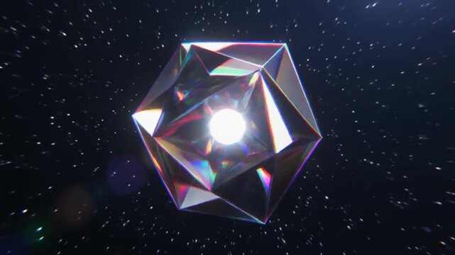 Abstract Rotating Glass Geometric Polyhedron with Glowing Core in Space