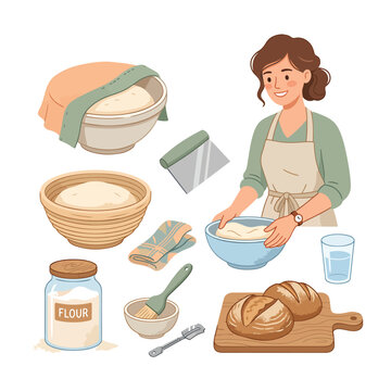 Woman baking bread with ingredients around.