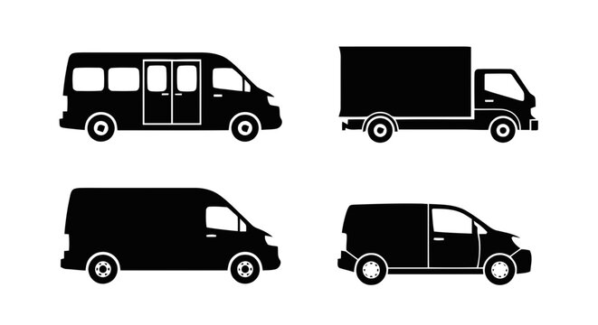 Vector illustration of set of black silhouettes of commercial vehicles and delivery vans on a transparent background