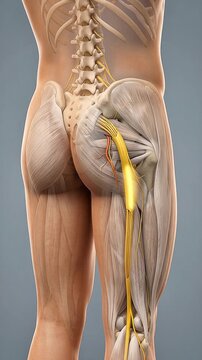 3D Medical Animation of Human Sciatic Nerve Anatomy with Gluteal Muscles, Spine, Pelvis and Sciatica Pain Highlight on Gray Background