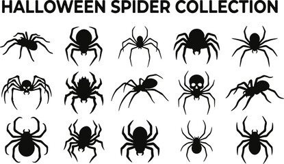 Halloween spider set icons. Silhouette of black insect icon. Vector holiday october poster, flat horror © Nazma