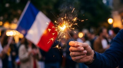 Celebration of bastille day with sparkler and french flag