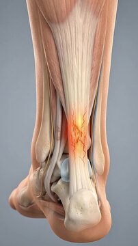 3D Medical Animation of Human Achilles Tendon Anatomy with Ankle Bones, Calf Muscles, Nerves and Tendon Inflammation Pain Highlight on Gray Background