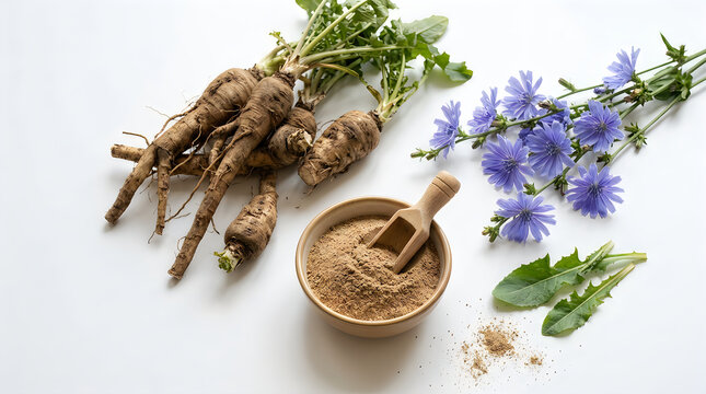 Ginger root, powder, and purple flowers on display